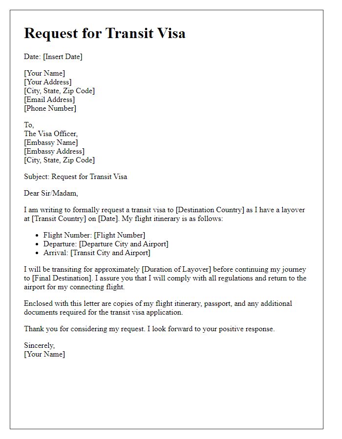 Letter template of embassy transit visa procurement request.