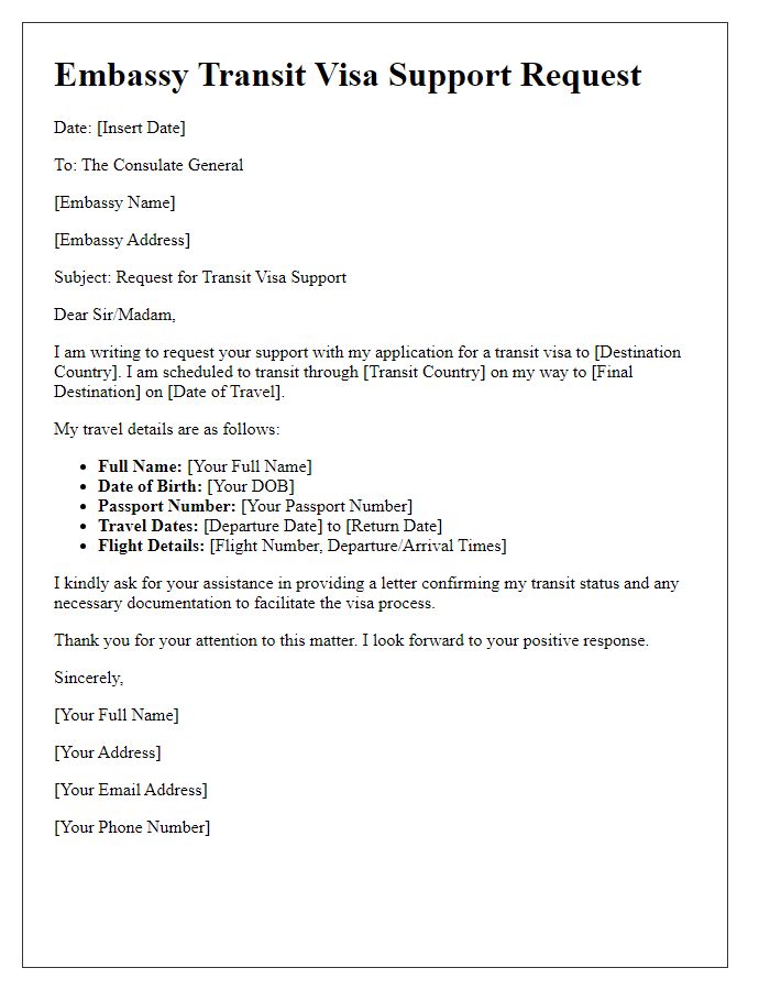 Letter template of embassy transit visa support request.