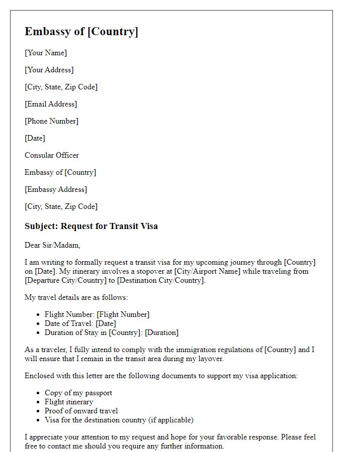 Letter template of request for transit visa at the embassy.