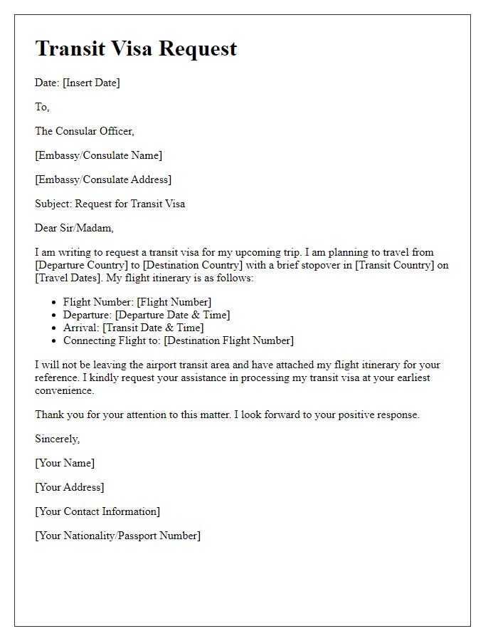 Letter template of transit visa letter for embassy processing.