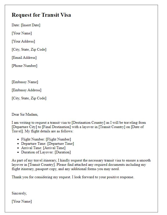 Letter template of transit visa request for embassy travel.