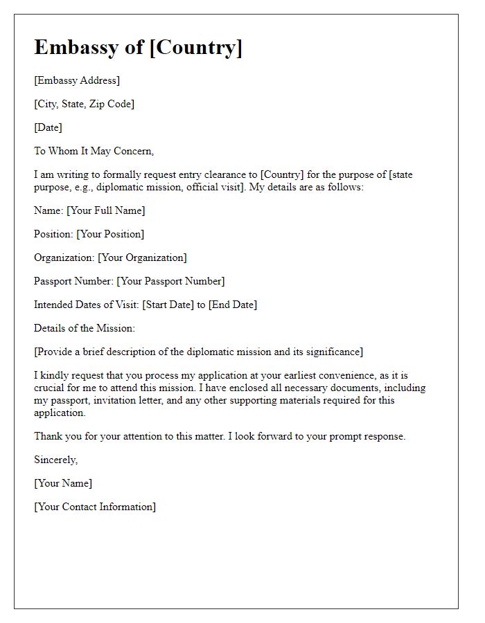 Letter template of embassy entry clearance application for diplomatic mission.