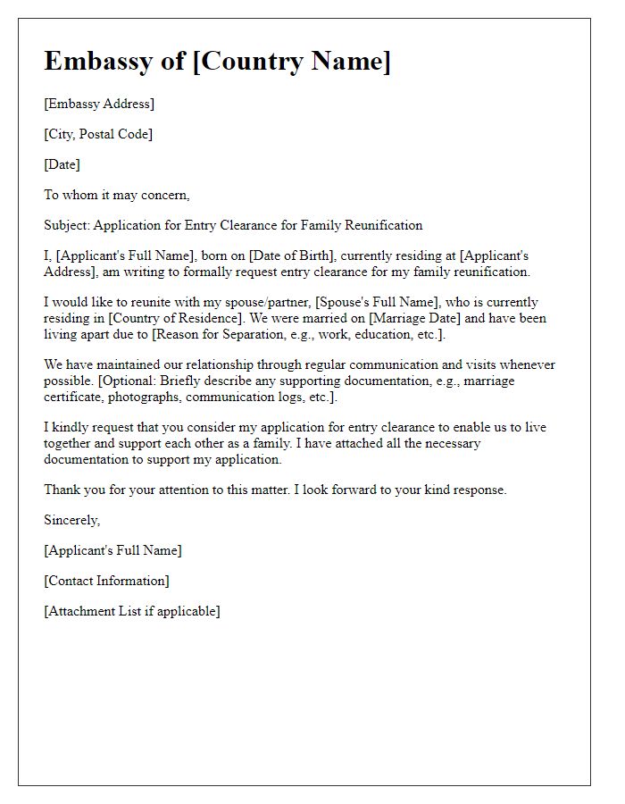 Letter template of embassy entry clearance application for family reunification.