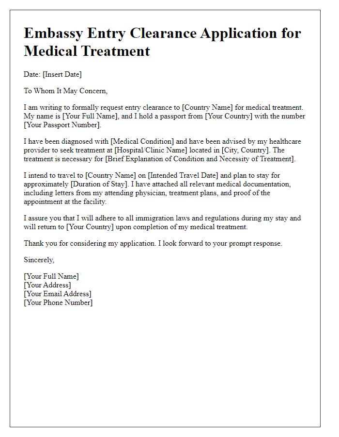 Letter template of embassy entry clearance application for medical treatment.