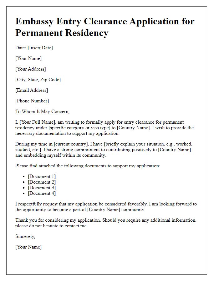 Letter template of embassy entry clearance application for permanent residency.