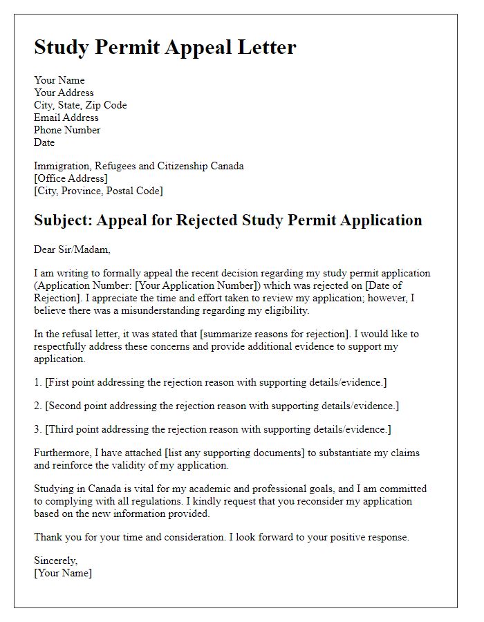 Letter template of study permit appeal for rejected applications.