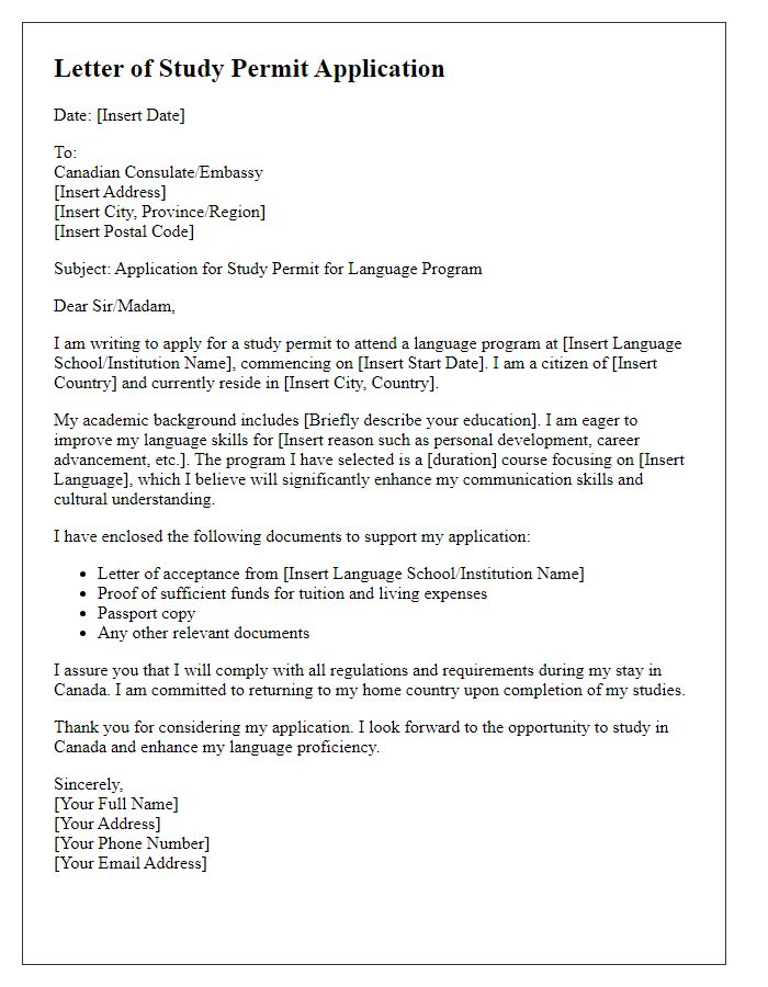 Letter template of study permit application for language programs.