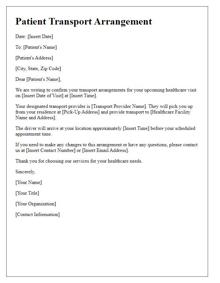 Letter template of Patient Transport Arrangement for Healthcare Visits