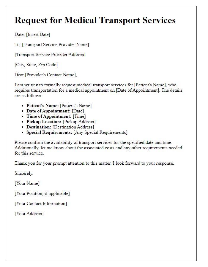 Letter template of Request for Medical Transport Services