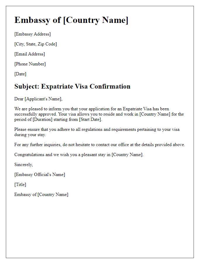 Letter template of embassy expatriate visa confirmation