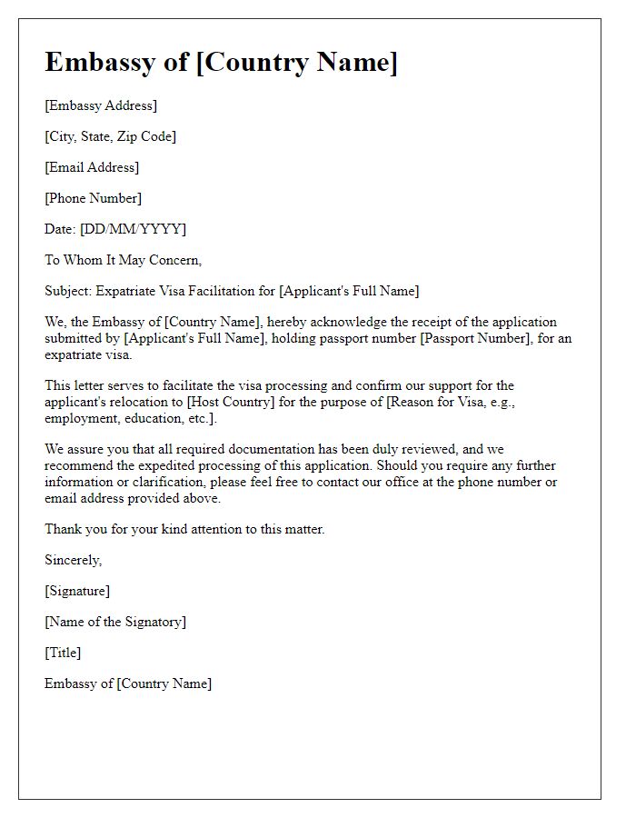 Letter template of embassy expatriate visa facilitation