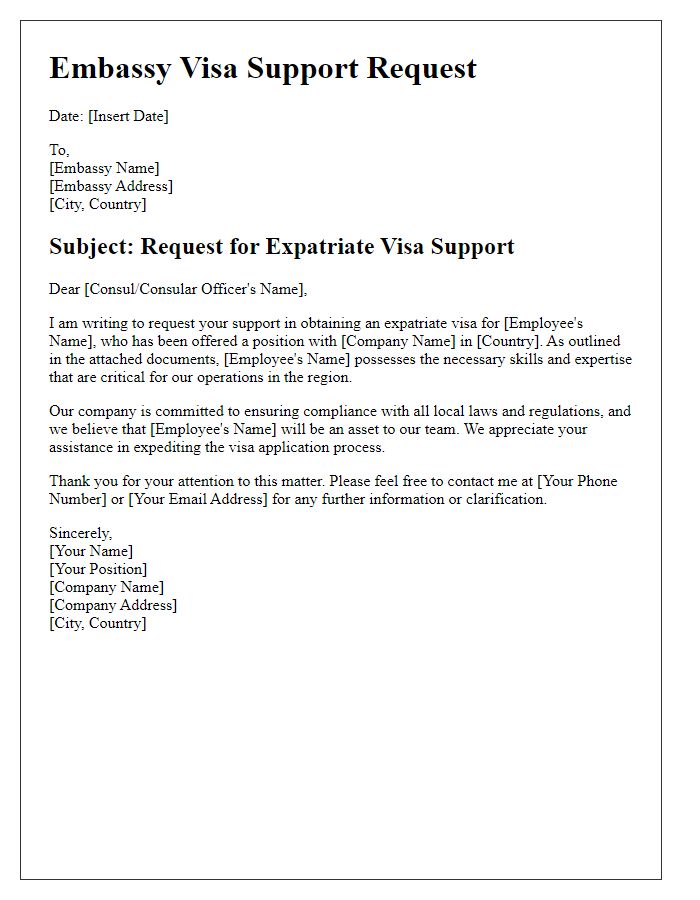 Letter template of embassy expatriate visa support request