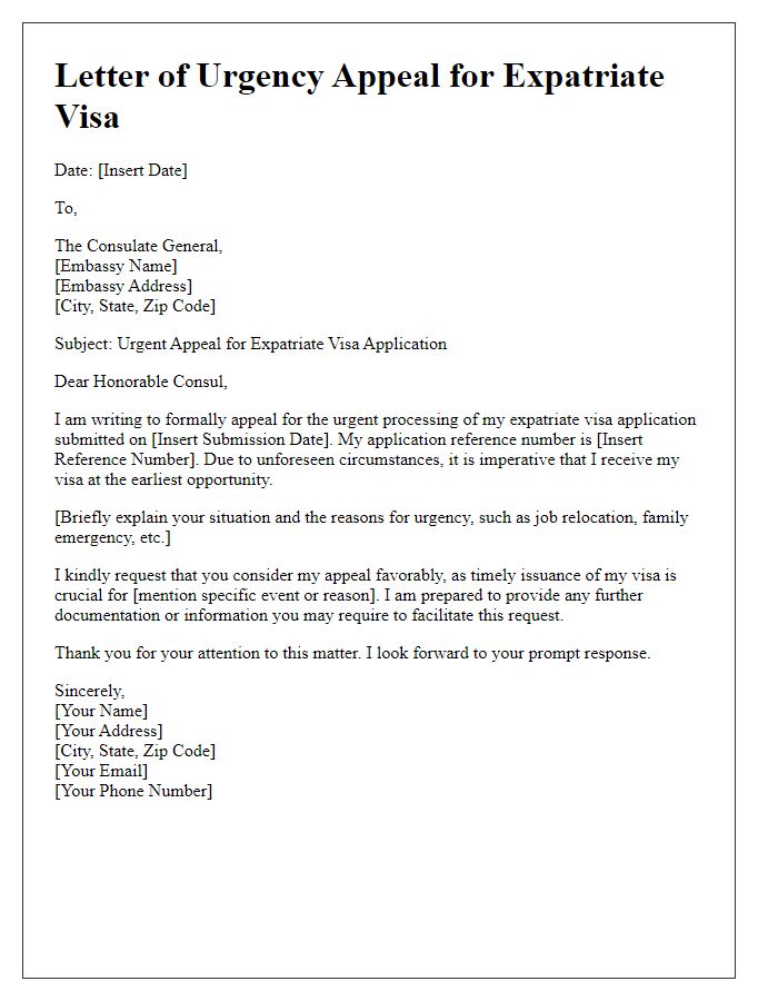 Letter template of embassy expatriate visa urgency appeal