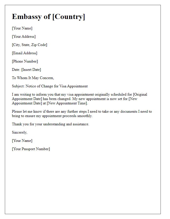 Letter template of embassy appointment change notice for visa.