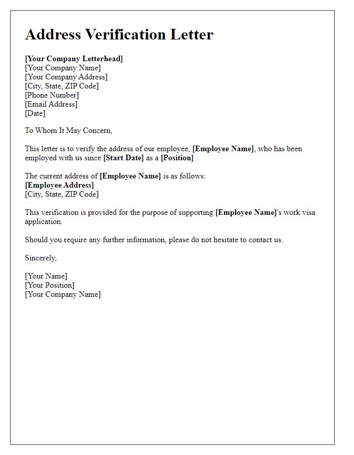 Letter template of address verification for work visa purposes.