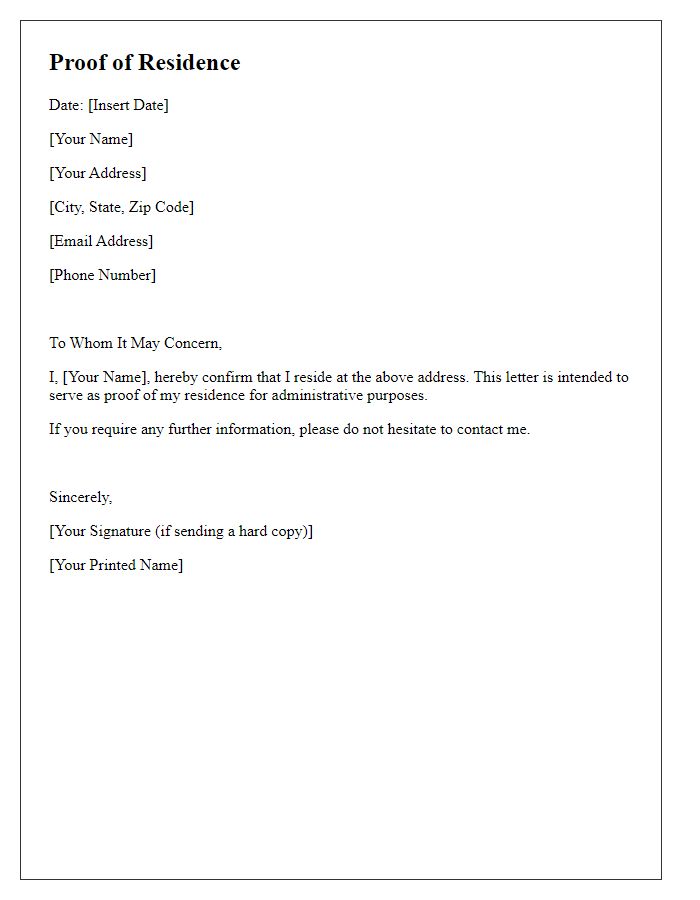 Letter template of proof of residence for administrative procedures.