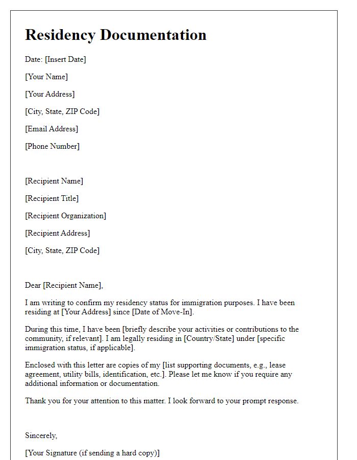 Letter template of residency documentation for immigration status.