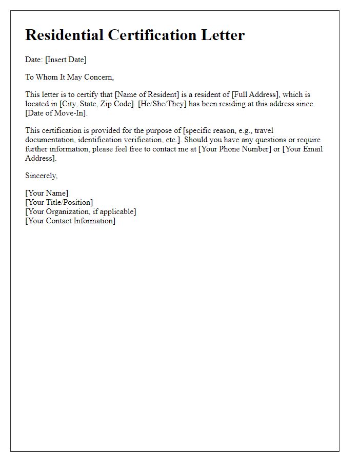 Letter template of residential certification for travel documentation.