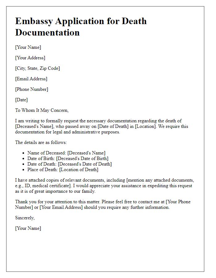 Letter template of embassy application for death documentation