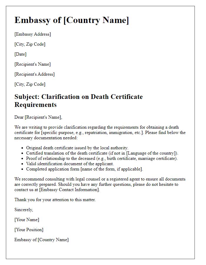 Letter template of embassy clarification for death certificate requirements