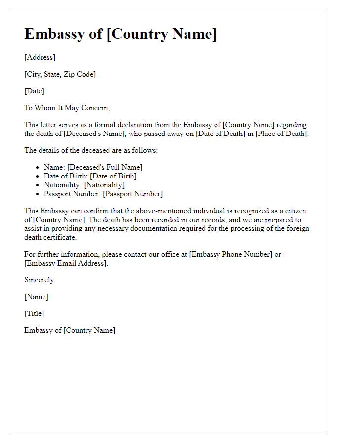 Letter template of embassy declaration for foreign death certificate needs