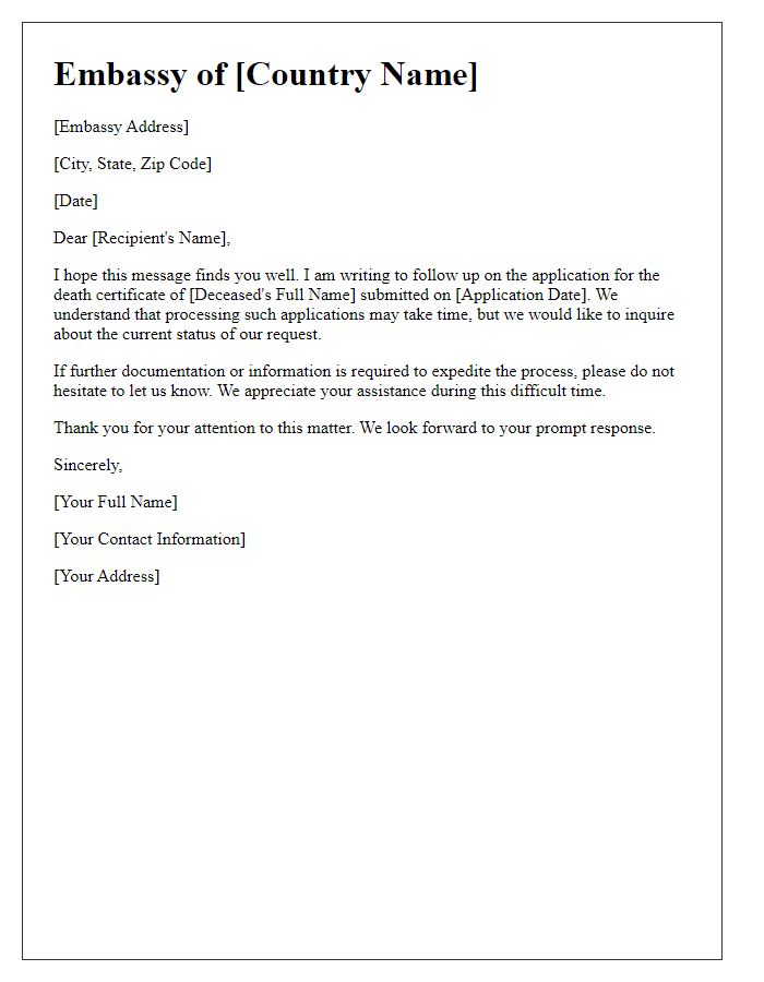 Letter template of embassy follow-up on death certificate application