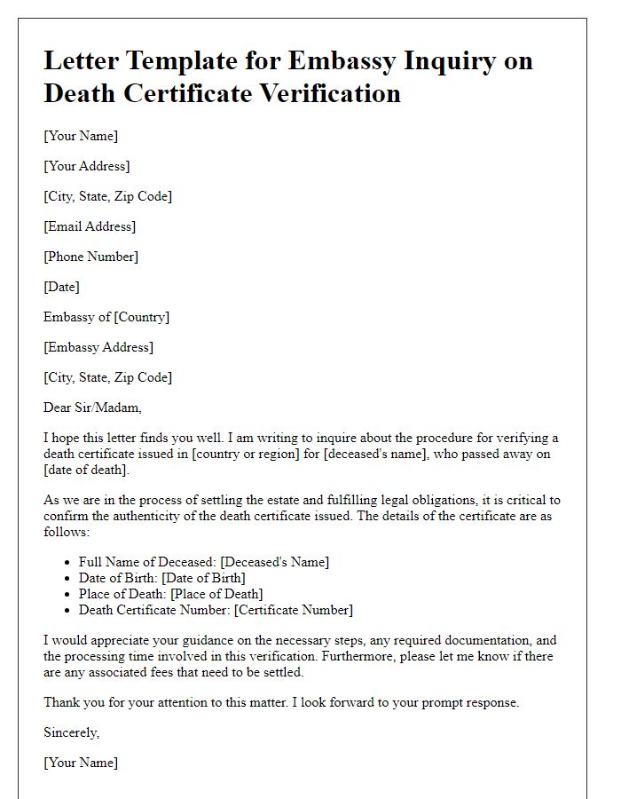 Letter template of embassy inquiry for death certificate verification