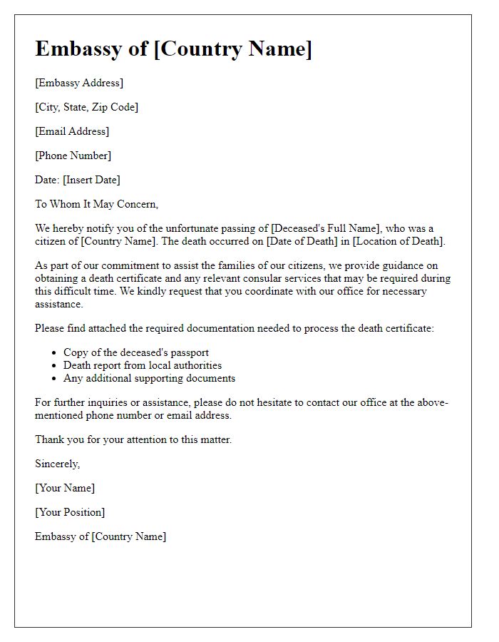 Letter template of embassy notification for death certificate assistance