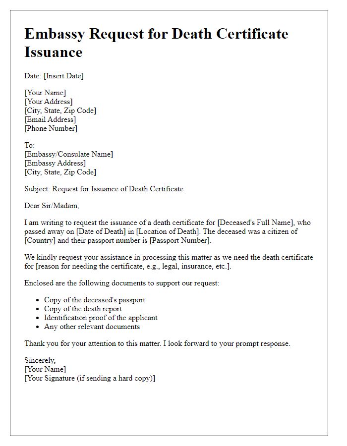 Letter template of embassy request for death certificate issuance