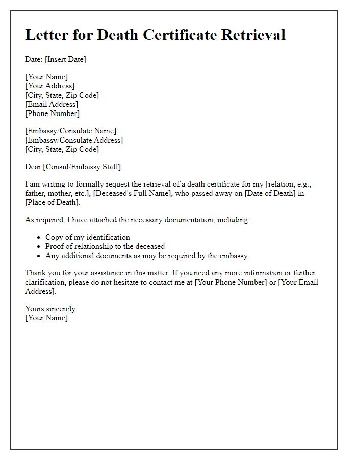 Letter template of embassy submission for death certificate retrieval