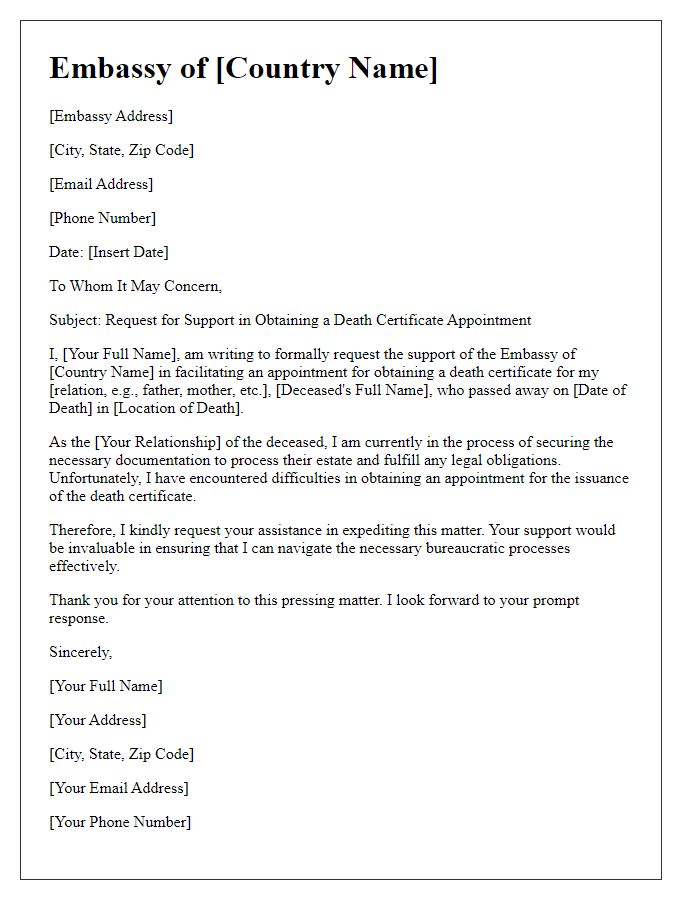 Letter template of embassy support for death certificate appointment