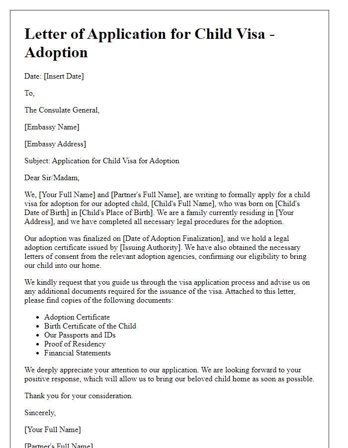 Letter template of embassy child visa application for adoption.