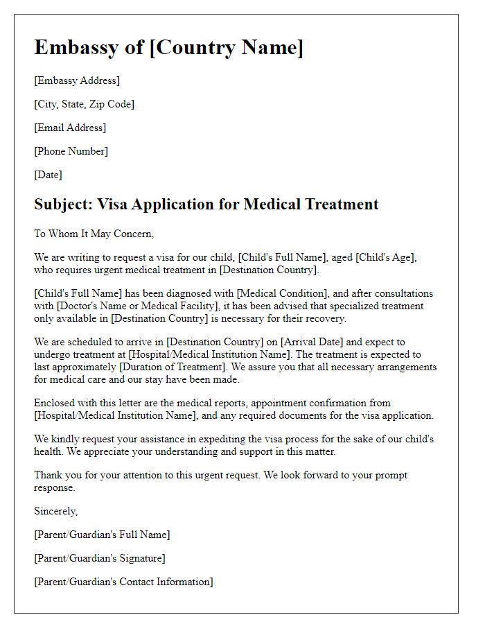 Letter template of embassy child visa application for medical treatment.