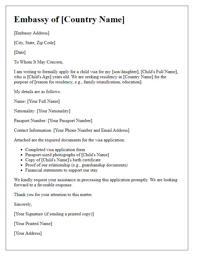 Letter template of embassy child visa application for residency.