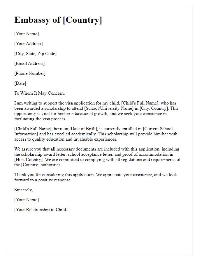 Letter template of embassy child visa application for scholarship opportunities.