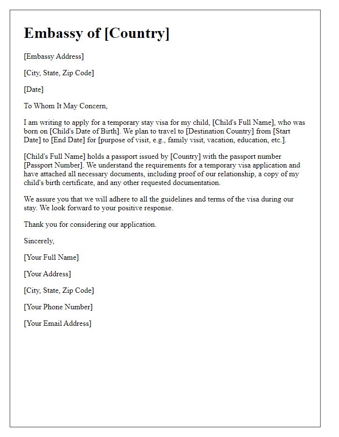 Letter template of embassy child visa application for temporary stay.