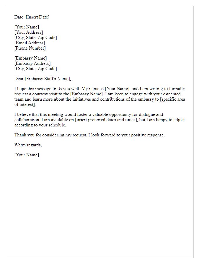 Letter template of courtesy visit request to embassy staff