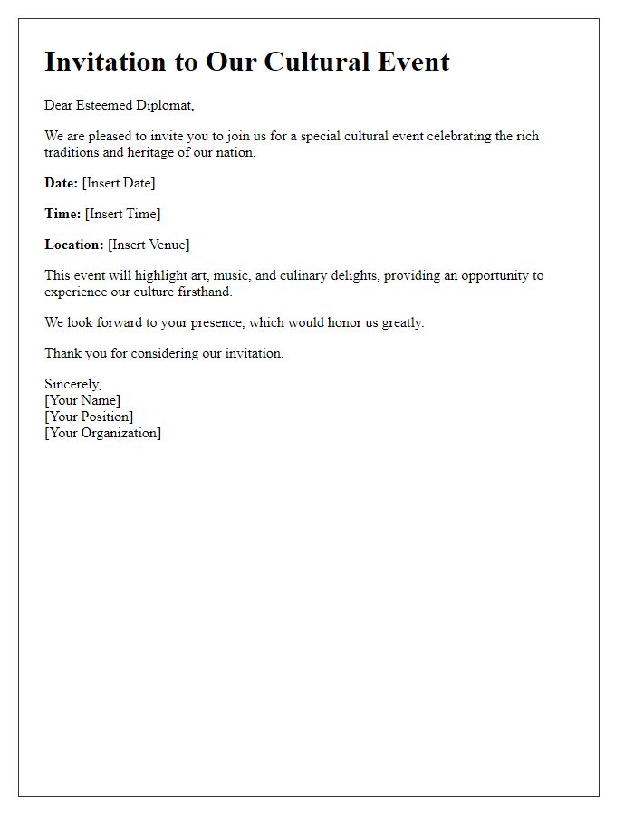 Letter template of cultural event invitation to embassy diplomats