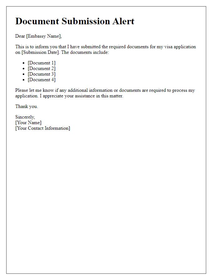 Letter template of Document Submission Alert for Embassy