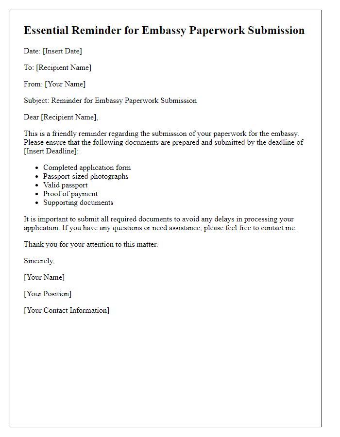 Letter template of Essential Reminder for Embassy Paperwork Submission