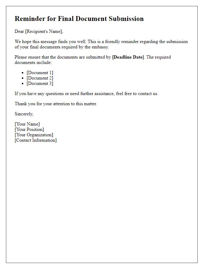 Letter template of Reminder for Final Document Submission to Embassy
