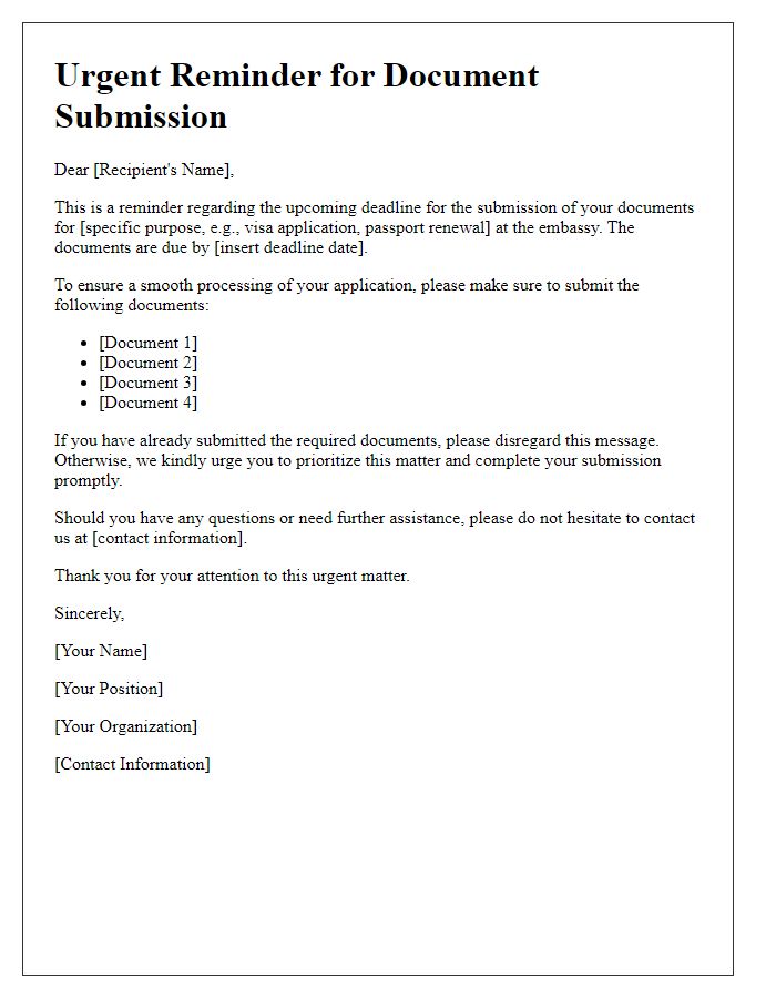 Letter template of Urgent Reminder for Document Submission at Embassy