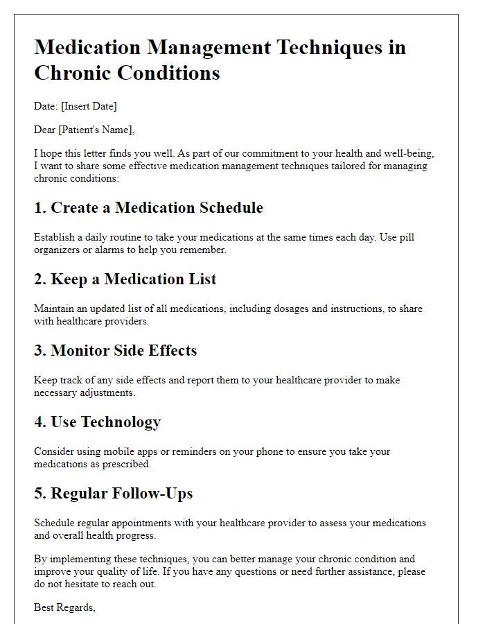 Letter template of medication management techniques in chronic conditions