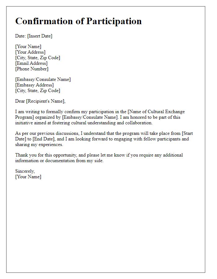 Letter template of confirmation of participation in embassy cultural exchange permit.