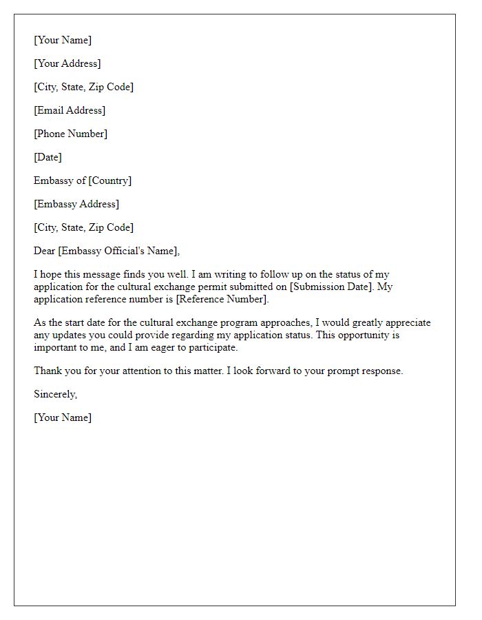 Letter template of follow-up on embassy cultural exchange permit status.