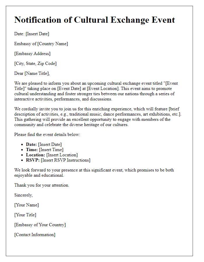 Letter template of notification of cultural exchange event for embassy.