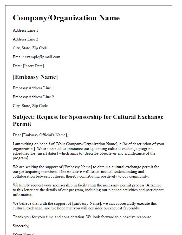 Letter template of sponsorship request for embassy cultural exchange permit.