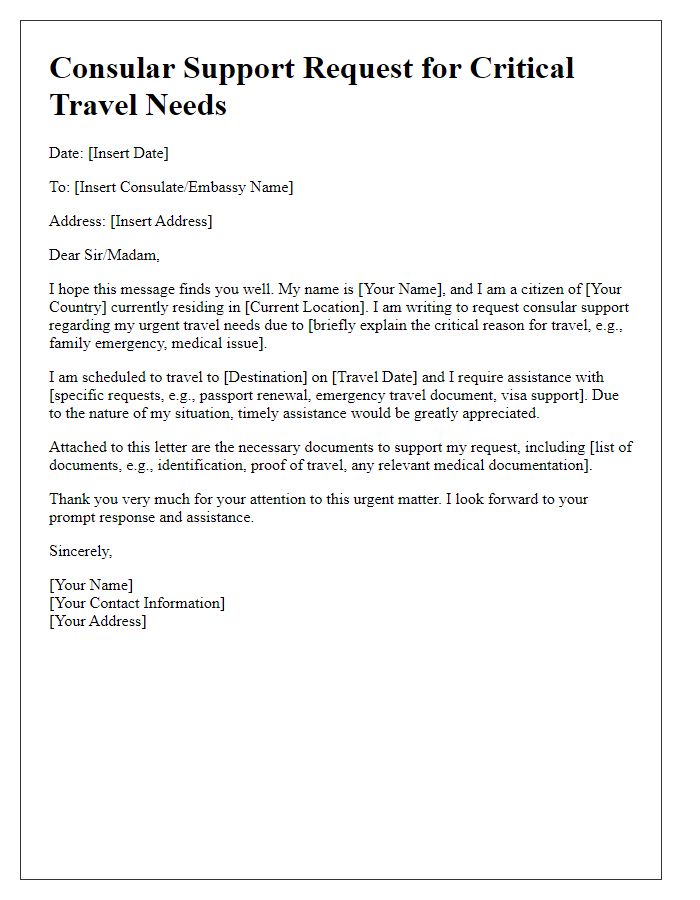 Letter template of consular support request for critical travel needs