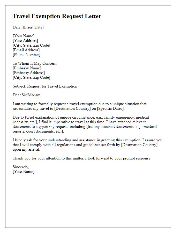 Letter template of embassy travel exemption request for unique situation