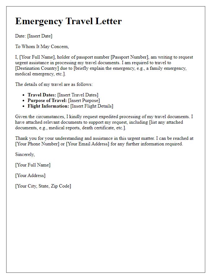 Letter template of emergency travel letter for embassy processing